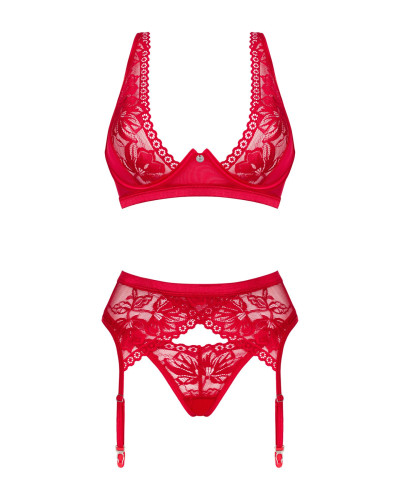 Комплект білизни Obsessive Lacelove cupless 3-pcs set XL/2XL Red, бюстгальтер, стрінги, пояс для пан - Фото №3
