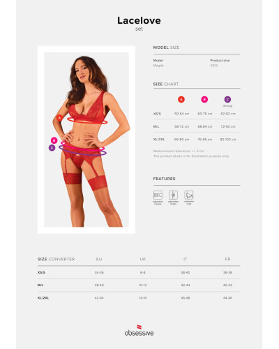 Комплект білизни Obsessive Lacelove cupless 3-pcs set XL/2XL Red, бюстгальтер, стрінги, пояс для пан - Фото №5