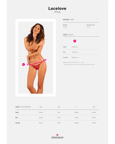 Мереживні стрінги Obsessive Lacelove thong XL/2XL Red, низька посадка - Фото №5