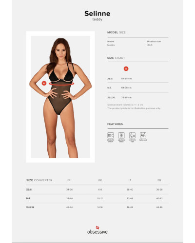 Прозрачное боди Obsessive Selinne teddy XS/S Black, мелкая сетка, двойные бретели - Фото №5