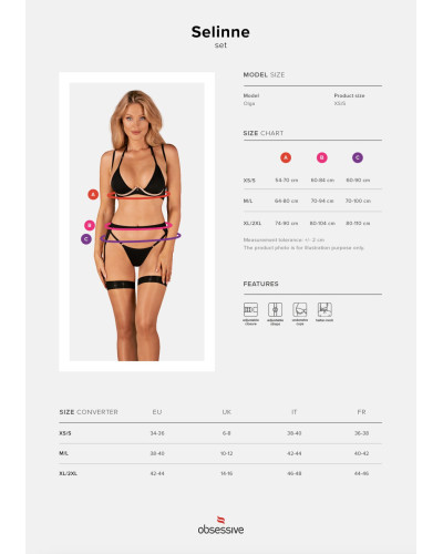 Комплект білизни Obsessive Selinne 3-pcs set M/L Black, бюстгальтер, стрінги пояс для панчіх - Фото №5