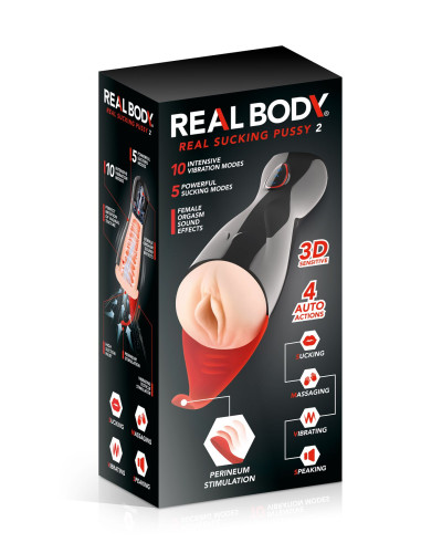 Премиум-вибромастурбатор Real Body - Real Sucking Pussy 2, всасывание, звук, стимуляция промежности - Фото №6