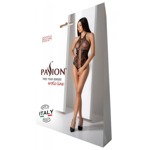 Бодістокінг з імітацією корсетної шнурівки Passion BS094 One Size, black, квітковий візерунок, з дос