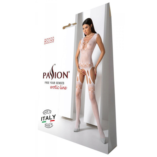 Бодістокінг з плетінням на грудях Passion BS099 One Size, white, відкритий доступ, імітація підв’язо
