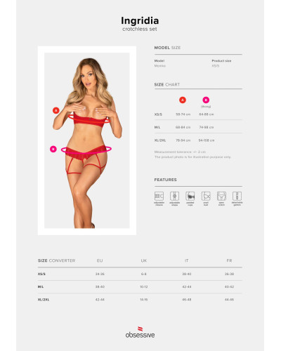 Комплект Obsessive Ingridia 2-pcs crotchless set XL/2XL, красный, с доступом, открытая грудь - Фото №5