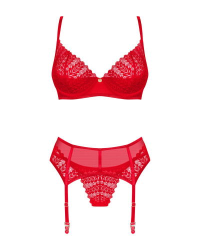 Комплект Obsessive Ingridia 3-pcs set XL/2XL, червоний, бюстгальтер, стрінги, пояс - Фото №3