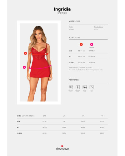 Пеньюар Obsessive Ingridia chemise & thong XS/S, красный, сорочка, стринги - Фото №5