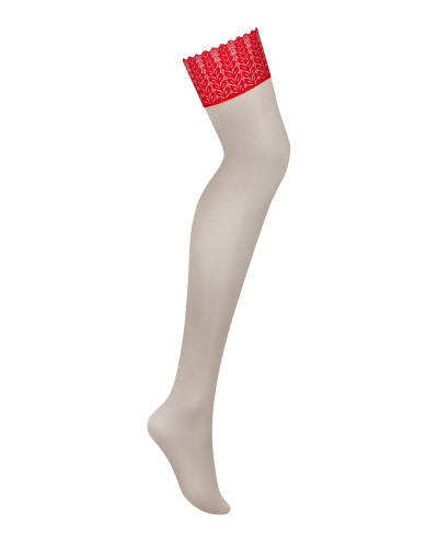 Панчохи Obsessive Ingridia stockings XS/S, бежеві з червоною резинкою - Фото №3