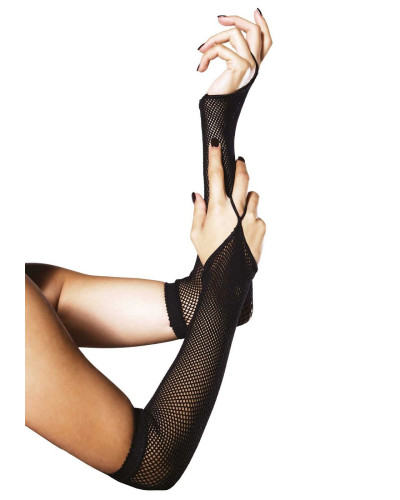 Длинные сетчатые митенки Leg Avenue Fishnet Arm Warmers, One Size, черные, с петлей на палец - Фото №1