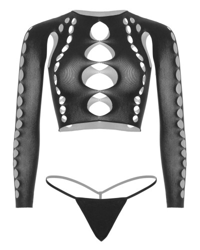 Комплект безшовної білизни Leg Avenue Long sleeve crop top & string Black, One Size, топ, стрінги - Фото №3