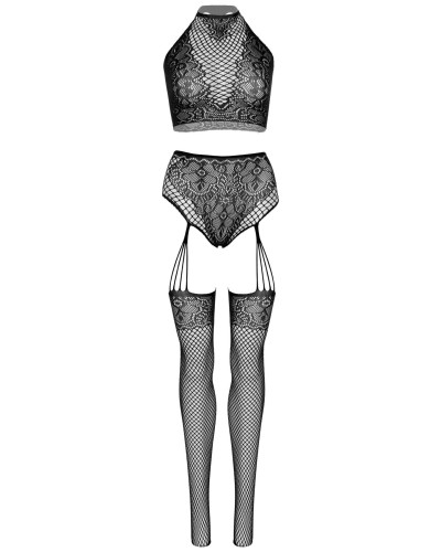 Еротичний комплект Leg Avenue Crop top and garter panty Black, топ, трусики з доступом, панчохи - Фото №4