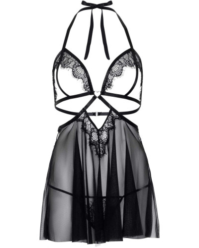 Сорочка беби-долл с открытыми чашками Leg Avenue Lace and mesh babydoll & panty Black S, стринги - Фото №3