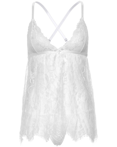 Сорочка бебі-дол Leg Avenue Floral lace babydoll & string White S, стрінги - Фото №3