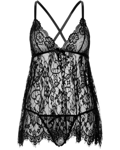 Сорочка бебі-дол Leg Avenue Floral lace babydoll & string Black S, стрінги - Фото №3