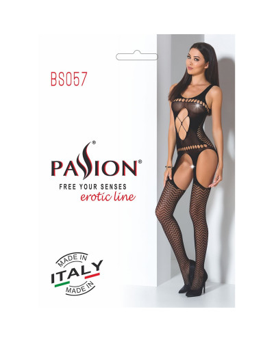 Бодістокінг Passion BS057 black, комбінезон, імітація панчох і пояса - Фото №7