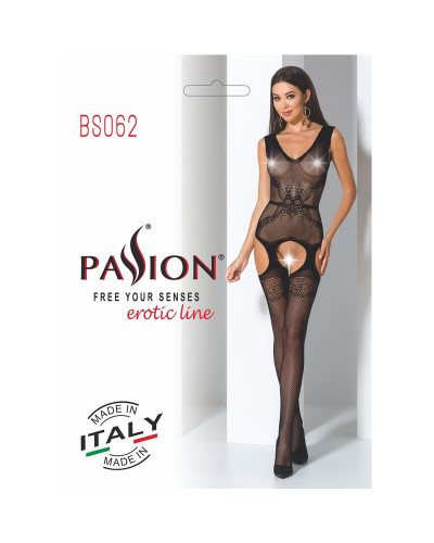 Сітчастий бодістокінг Passion BS062 One Size, Black, комбінезон, імітація панчіх, відкритий доступ - Фото №7