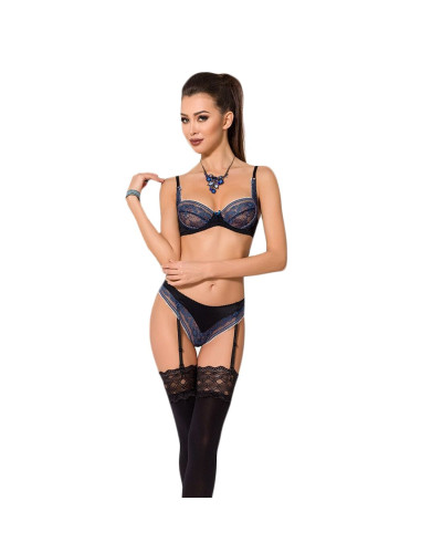 Комплект белья Passion Exclusive GISELE SET L/XL, black, лиф, трусики с пажами - Фото №1