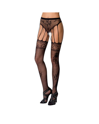 Сетчатые чулки-стокинги Passion S016 One Size, Black, имитация ажурного пояса с гартерами - Фото №1