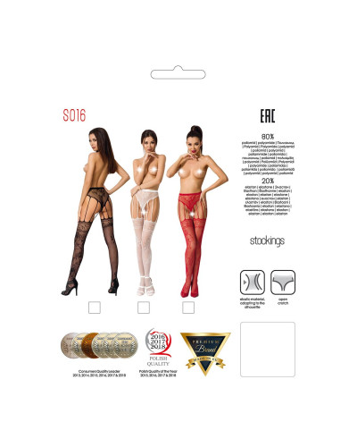 Сітчасті панчохи-стокінги Passion S016 One Size, Red, імітація ажурного пояса з гартерами - Фото №5