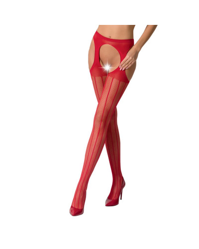 Сітчасті панчохи-стокінги Passion S018 One Size, Red, імітація пояса, сітка з вертикальними смужками - Фото №1
