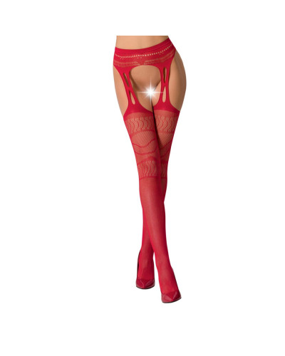 Сітчасті панчохи-стокінги Passion S020 One Size, Red, ажурний візерунок, імітація пояса з гартерами - Фото №1