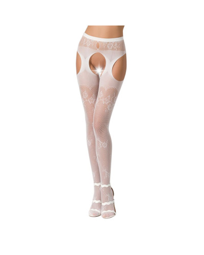 Сексуальні колготки-бодістокінги Passion S022 One Size, White, імітація панчіх і пояса з гартерами - Фото №1
