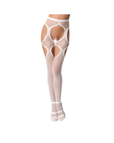 Еротичні колготки-бодістокінги Passion S023 One Size, White, імітація панчіх з ромбами та пояском - Фото №1