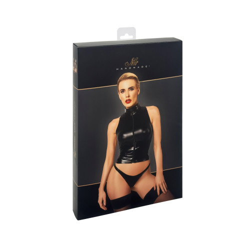 Топ Noir Handmade F324 Glam, XL, black, халтер, на блискавці, вінілові вставки, комір-стійка