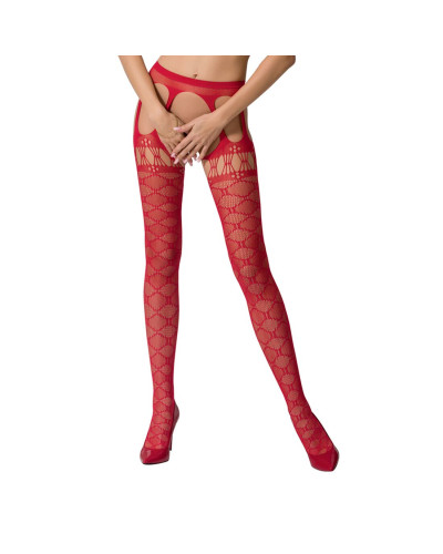 Еротичні колготки-бодістокінги Passion S025 One Size, Red, імітація ажурних панчішок з пояском - Фото №1