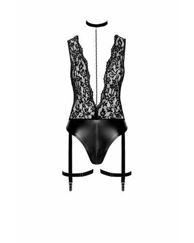 Боді Noir Handmade F297 Libido Deep-V bodysuit with collar, pearl chain and garter - XXL - Фото №4