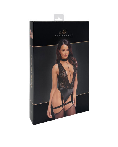 Боді Noir Handmade F297 Libido Deep-V bodysuit with collar, pearl chain and garter - XXL - Фото №6