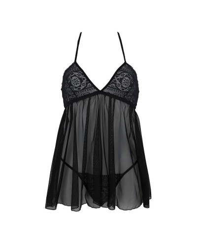 Пеньюар Passion KERRIA CHEMISE black, L/XL, мереживний верх, трусики в комплекті - Фото №3