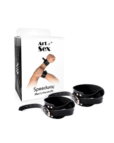 Мужские кожаные наручники Art of Sex - Man Handcuffs Speedway XS-M, цвет черный - Фото №3