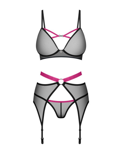 Комплект Obsessive Novenes 3-pcs set, M/L, прозрачный лиф на косточках, стринги, пояс - Фото №4