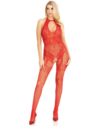 Бодістокінг Leg Avenue Rhinestone Lace and Net Bodystocking Red One Size - Фото №5