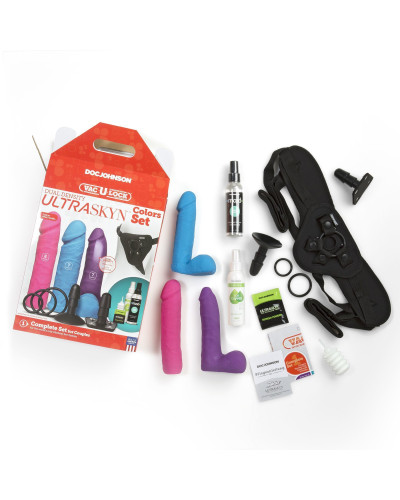 Набір для страпону Doc Johnson Vac-U-Lock Dual Density UltraSKYN Colors Set, діаметр 3х4,5 см - Фото №6
