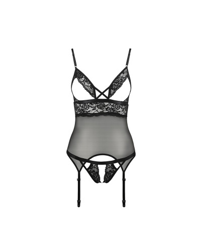 Корсет з відкритими грудьми Passion DIABOLINA CORSET S/M, black, пажі, трусики, напівпрозорий - Фото №3