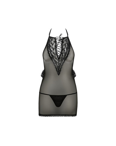Сорочка прозрачная приталенная Passion ERZA CHEMISE L/XL, black, трусики - Фото №3