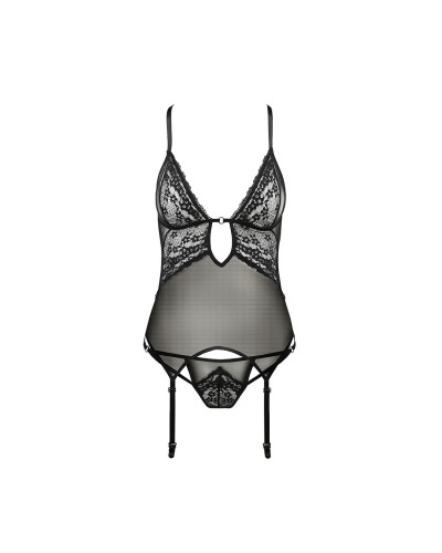 Корсет з декольте Passion ERZA CORSET L/XL, black, пажі, трусики, напівпрозорий - Фото №3