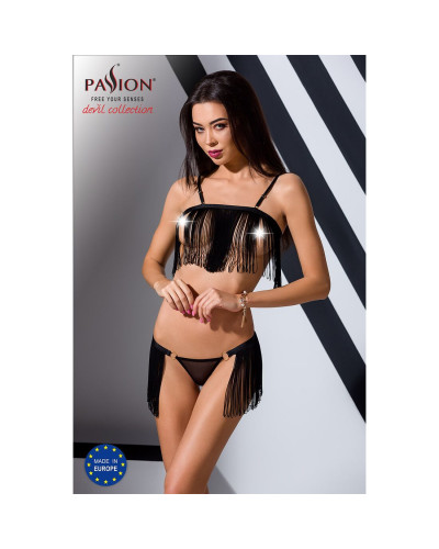 Комплект білизни Passion Exclusive KASSANDRA SET OpenBra S/M black, ліф з бахроми, трусики-спідниця - Фото №4