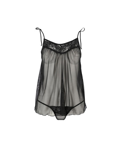 Сорочка прозора бебі дол Passion MELANIA CHEMISE S/M, black, трусики, на тонких бретелях - Фото №3