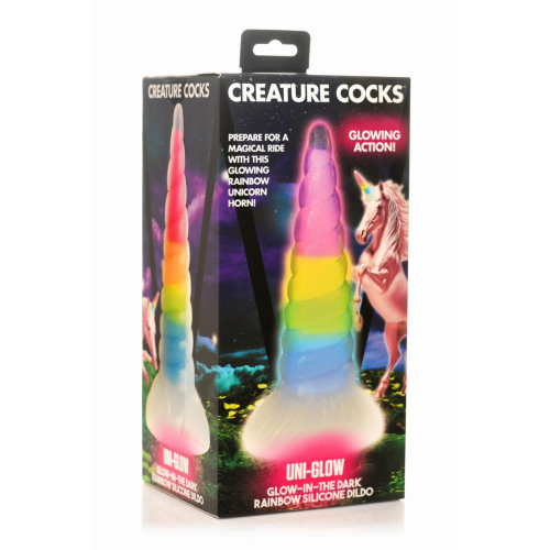 Фентезійний фалоімітатор Creature Cocks Luminescent Rainbow Silicone Dildo, світиться в темряві, 19,6 см